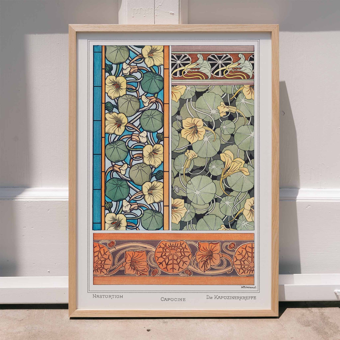 Art Nouveau capucine nasturtium botanical illustration by Maurice Pillard Verneuil from La Plante et ses Applications ornementales, framed and displayed in home decor