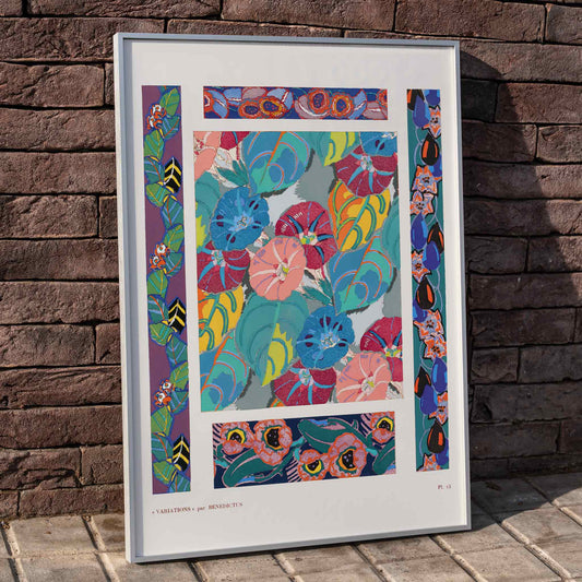 Colorful floral motifs poster by Edouard Benedictus from Variations Quatre-Vingt-Six Motifs Decoratifs En Vingt Planches vibrant decorative design, framed and displayed in home decor