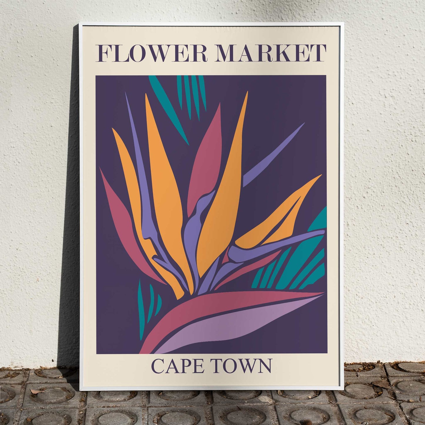 Colorful abstract poster of tropical flowers and vibrant bird of paradise artwork titled Flower Market Cape Town by Moryarty, framed and displayed in home decor