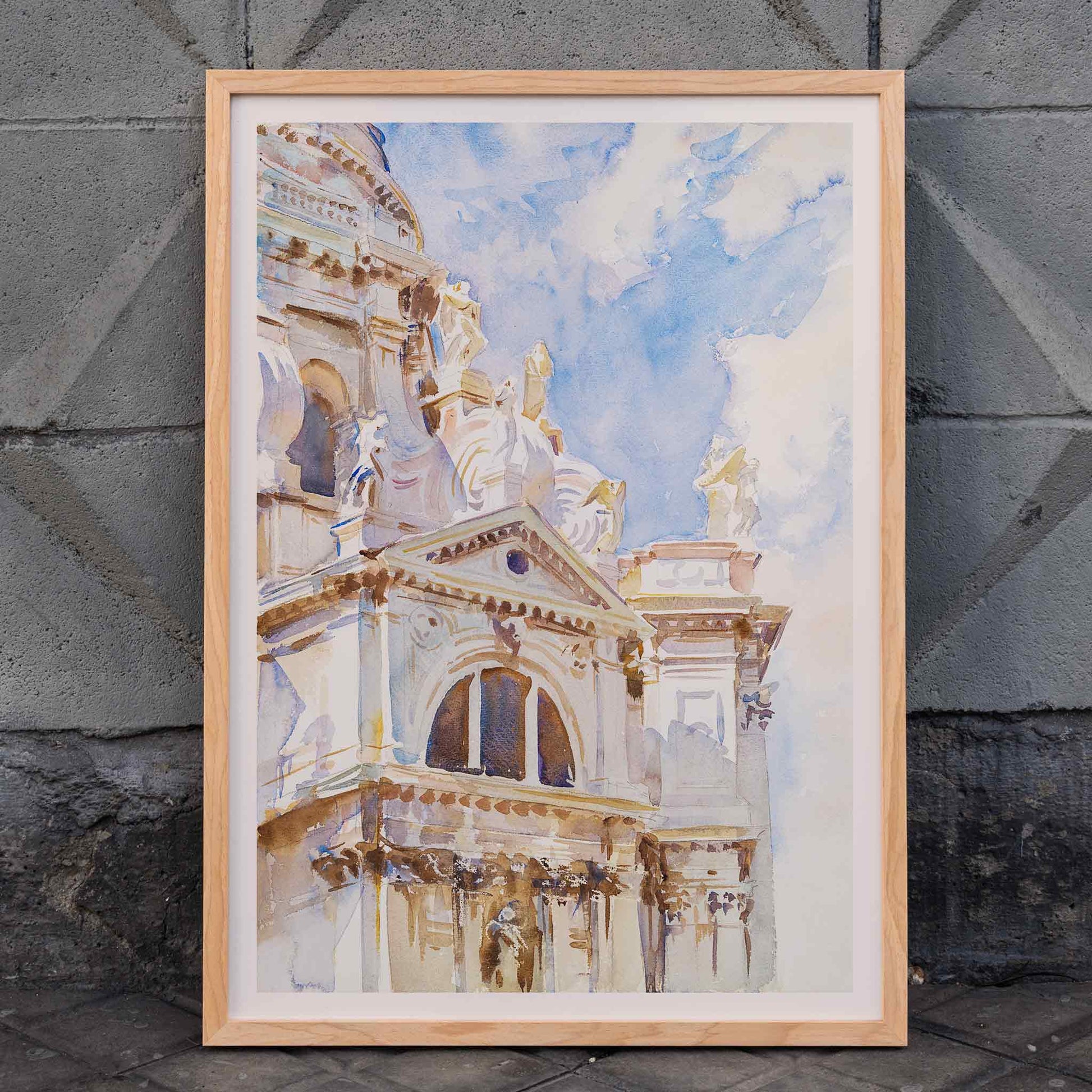Watercolor painting The Salute Venice by John Singer Sargent featuring sunlit Venetian architecture ornate building and statues, framed and displayed in home decor