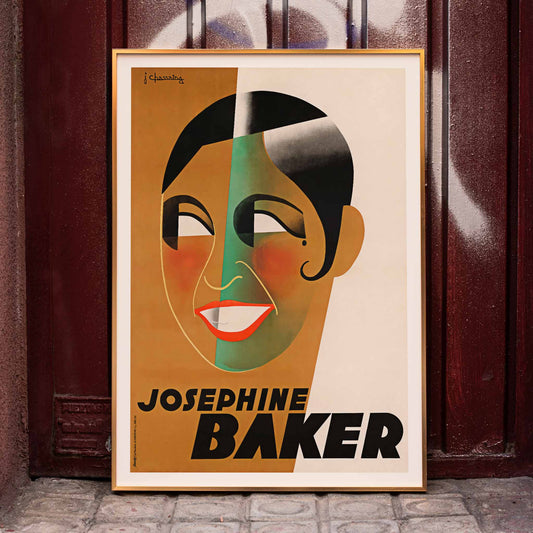 Art Deco poster of Josephine Baker by J Chassaing featuring bold geometric shapes and modern colorful style, framed and displayed in home decor
