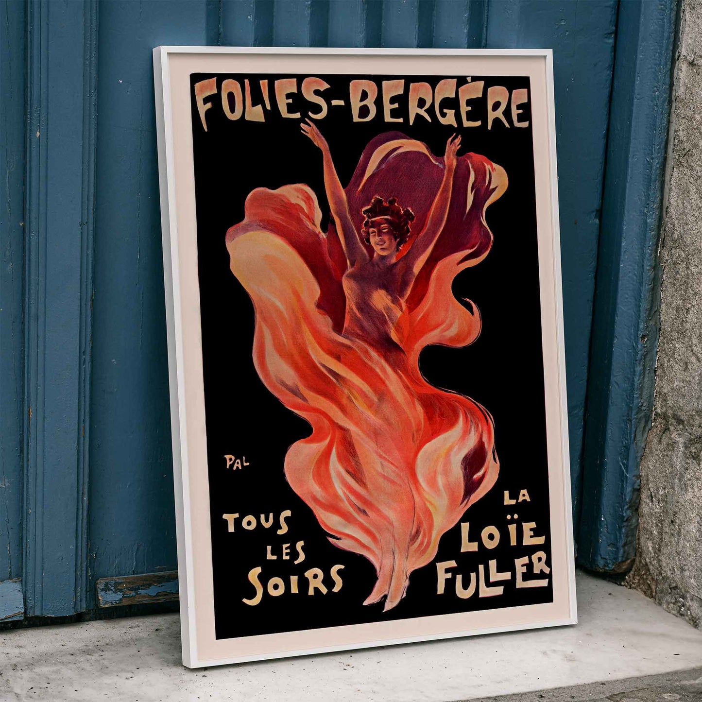 Folies-Bergere La Loie Fuller by Pal vibrant poster artwork featuring a dancing woman with flowing and swirling colorful fabric, framed and displayed in home decor