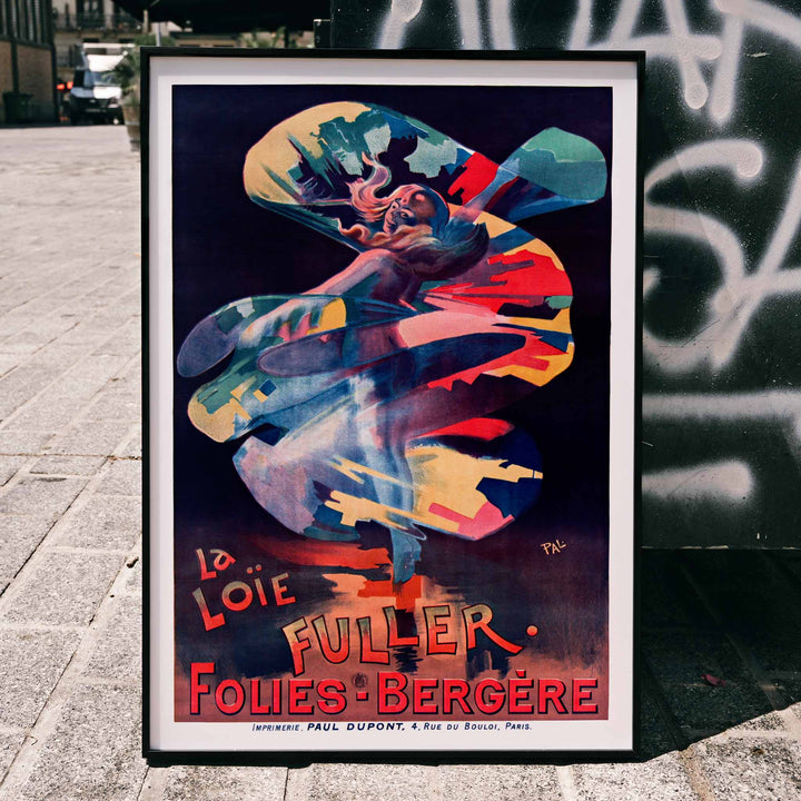Colorful swirling dancer La Loie Fuller by Pal poster advertising Folies Bergere performance, framed and displayed in home decor