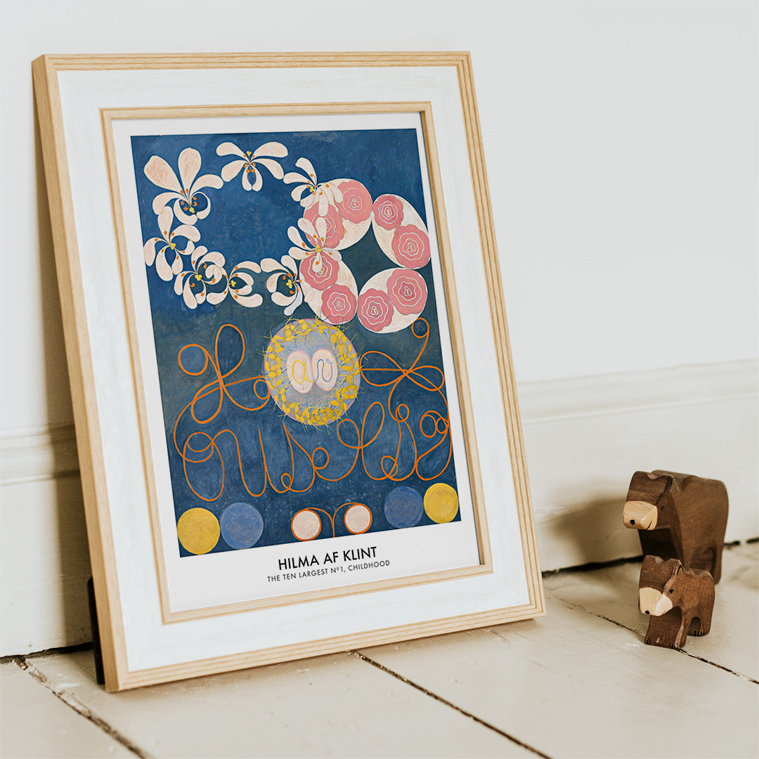 Abstract floral patterns and swirling shapes with vibrant colors on a blue background poster by Hilma af Klint Childhood Group IV, with wooden magnetic frame on white background