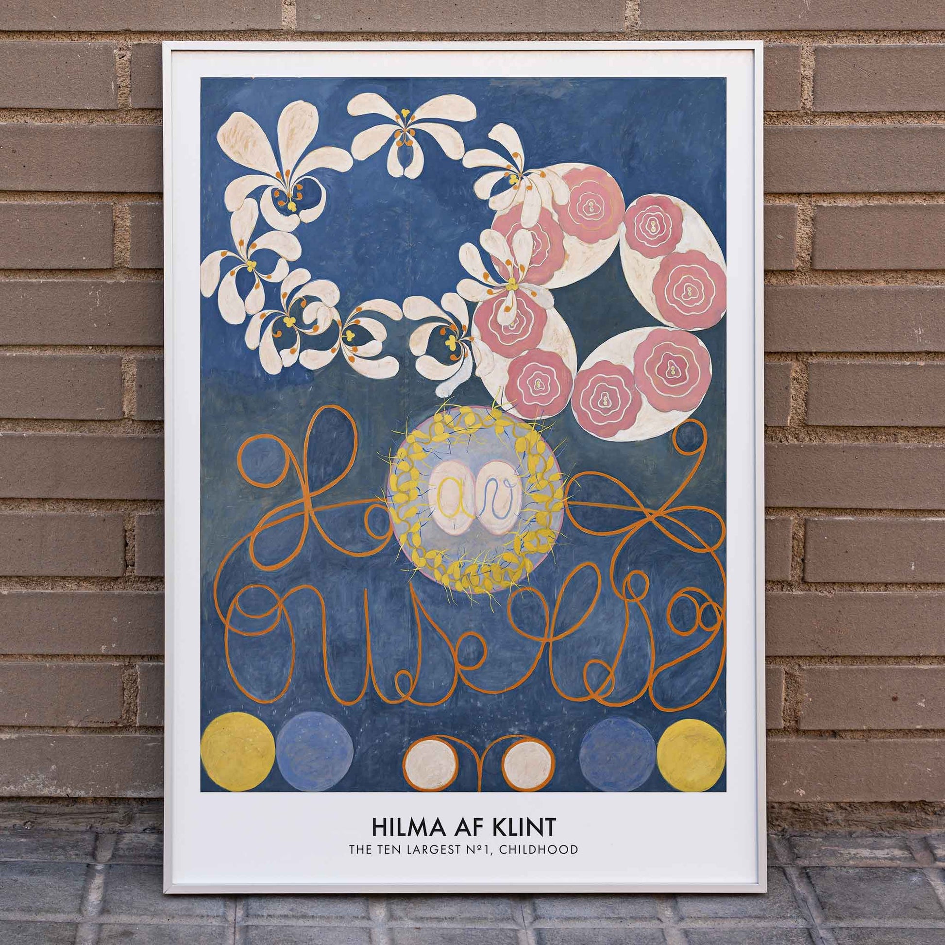 Abstract floral patterns and swirling shapes with vibrant colors on a blue background poster by Hilma af Klint Childhood Group IV, framed and displayed in home decor