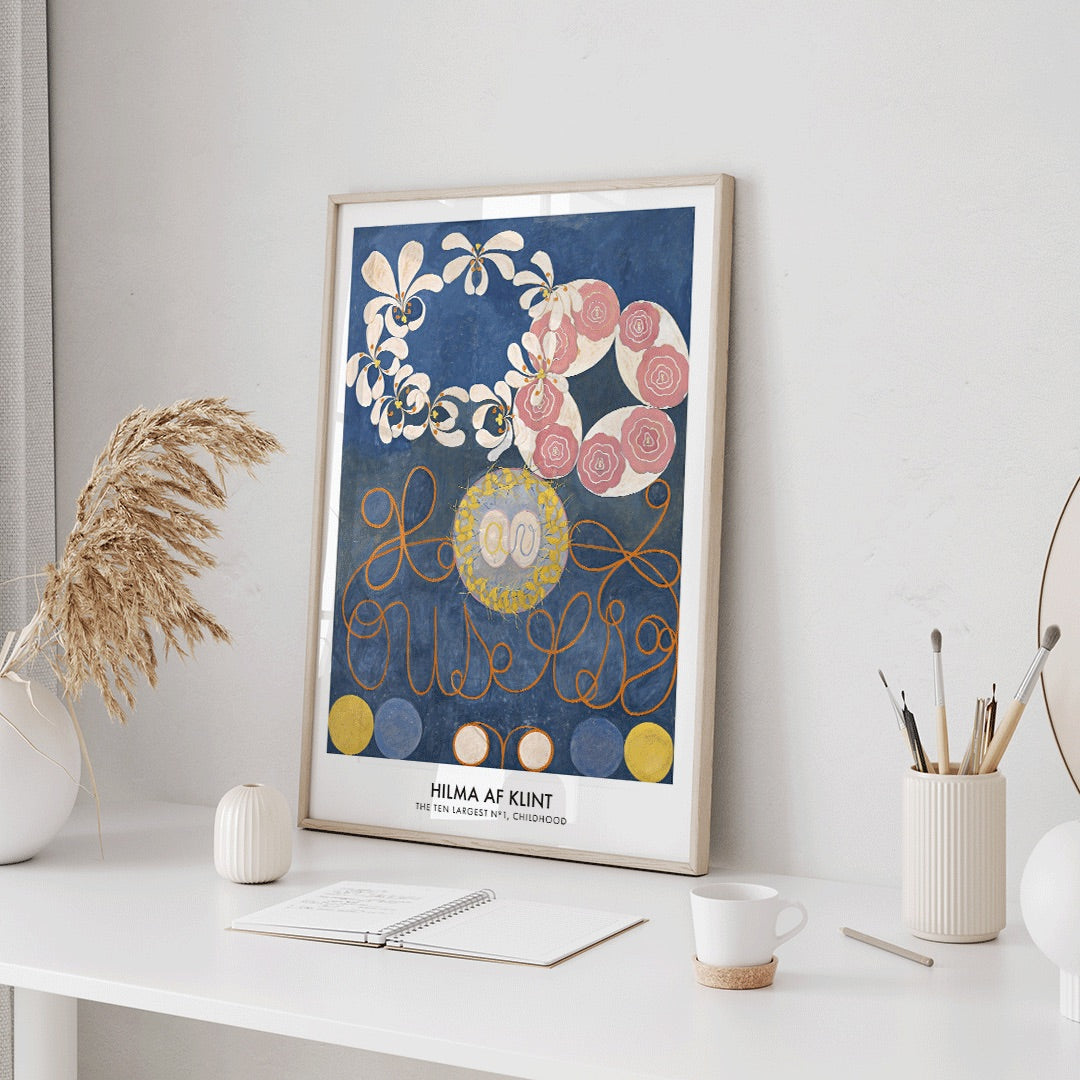 Abstract floral patterns and swirling shapes with vibrant colors on a blue background poster by Hilma af Klint Childhood Group IV, framed and displayed in modern living room decor
