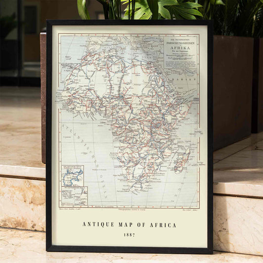 Antique map of Africa by Institute of Liepzig showing exploration routes geographic features and country names wall art poster, framed and displayed in home decor