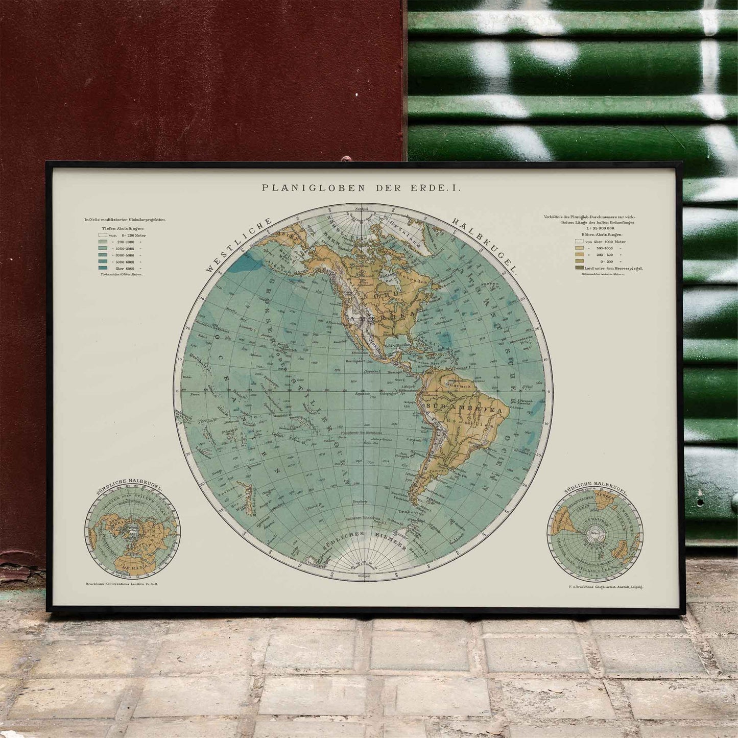 Vintage world map artwork and detailed continents poster Planiglobes of the Earth I by The Institute of Liepzig, framed and displayed in home decor