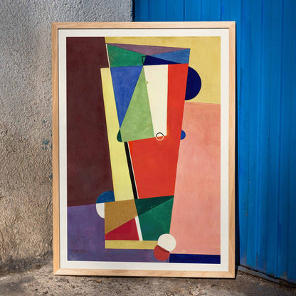 Abstract geometric shapes in vibrant colors inspired by Georges Valmier modern wall art poster suitable for contemporary decor, framed and displayed in home decor