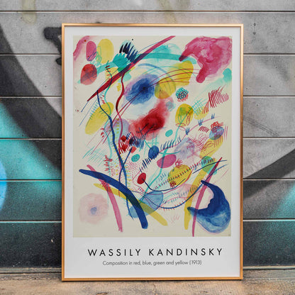 Abstract colorful painting and poster of abstract art with dynamic shapes and vivid red blue green and yellow brushstrokes by Wassily Kandinsky Composition in red blue green and yellow, framed and displayed in home decor