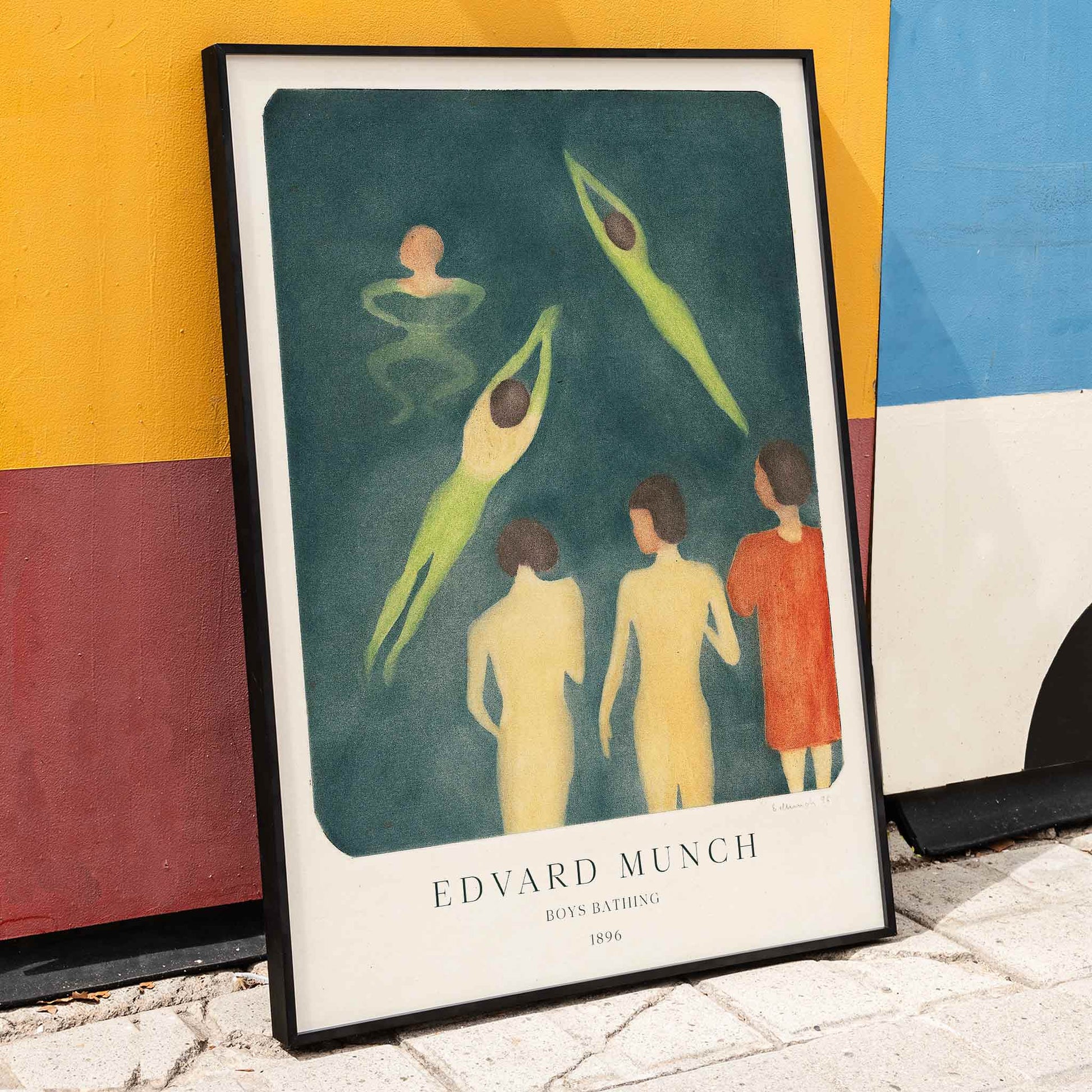 Boys Bathing by Edvard Munch painting and poster showing five figures swimming and standing in water, framed and displayed in home decor