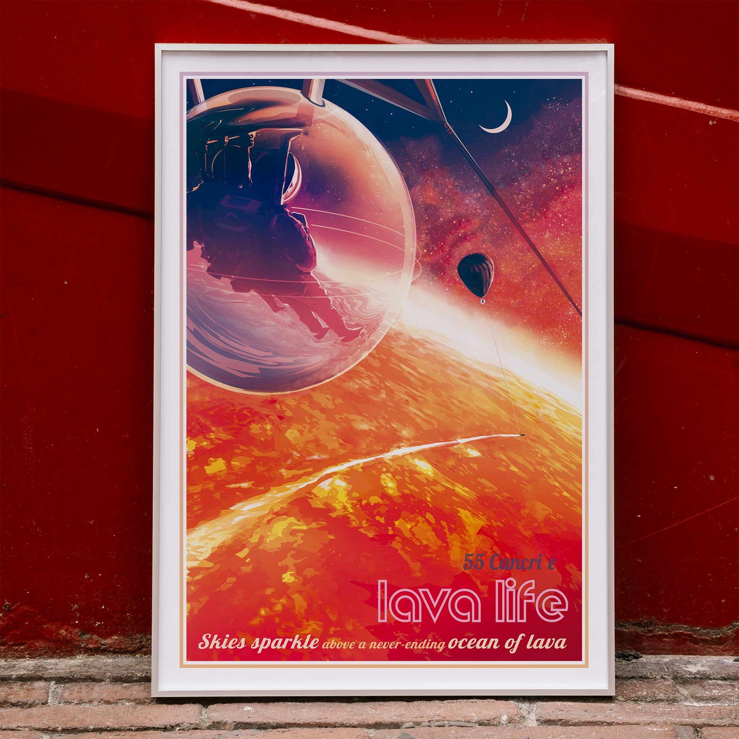Astronaut in a pod above a glowing lava planet with a hot air balloon and crescent moon in Lava Life by NASA poster, framed and displayed in home decor