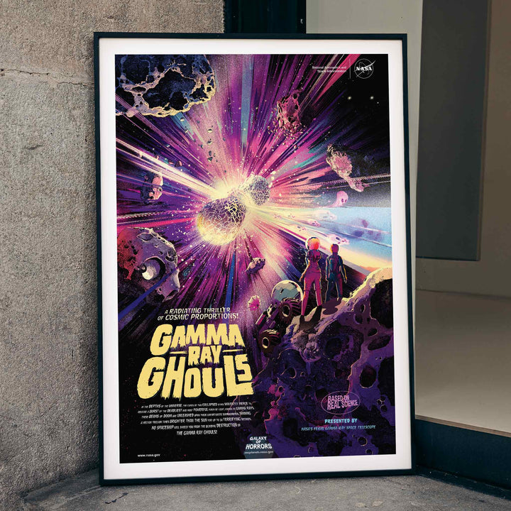 Astronauts and asteroids in vibrant cosmic explosion Gamma Ray Ghouls by NASA space wall art poster, framed and displayed in home decor