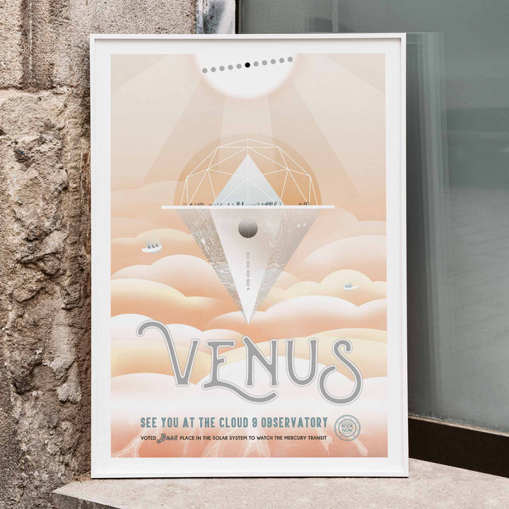 Futuristic observatory floating above orange Venus clouds artwork by NASA titled Venus Cloud 9 Observatory poster, framed and displayed in home decor