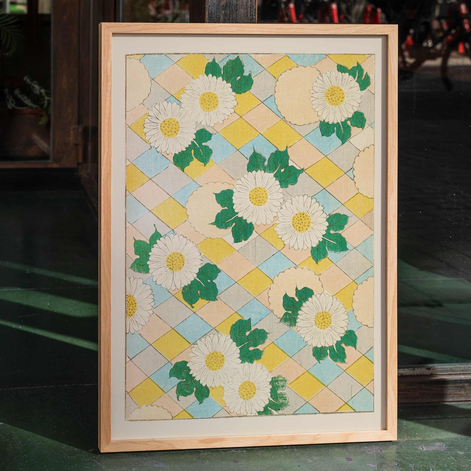 Chrysanthemum flowers and white flowers with green leaves on pastel geometric background artwork by Korin Furuya Bijutsukai Pl 218 poster, framed and displayed in home decor