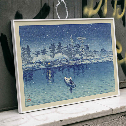 Snowy riverside village at night with boat and person by Kawase Hasui Ushibori Japanese art poster, framed and displayed in home decor