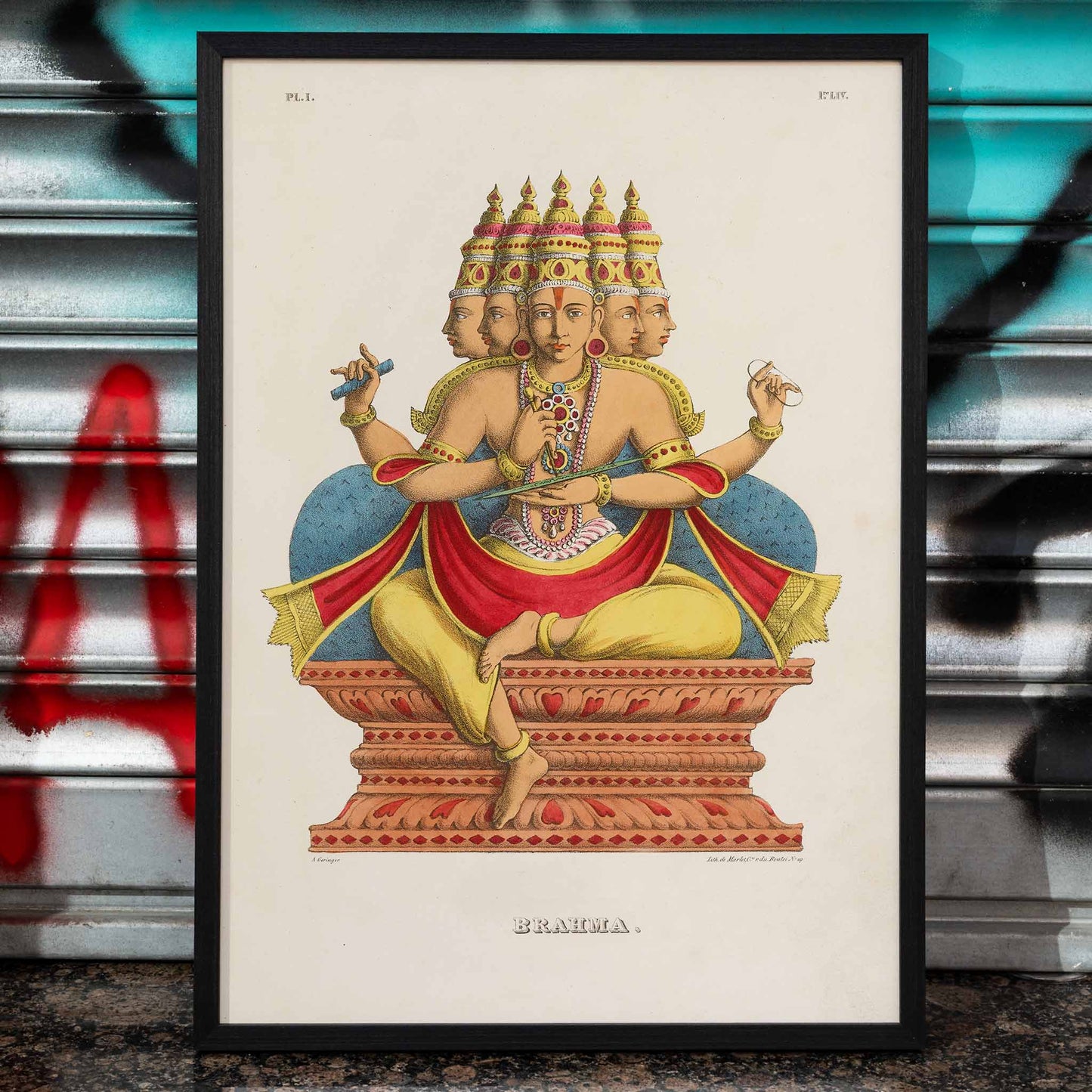 Brahma with multiple heads and arms seated on a throne in traditional attire by Jean-Jacques Chabrelie titled Brahma L Inde francaise, framed and displayed in home decor