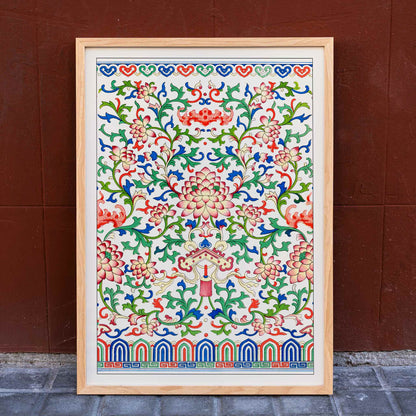 Chinese botanical illustration and botanical poster by Owen Jones from Examples of Chinese Ornament featuring intricate floral patterns and vibrant colors, framed and displayed in home decor