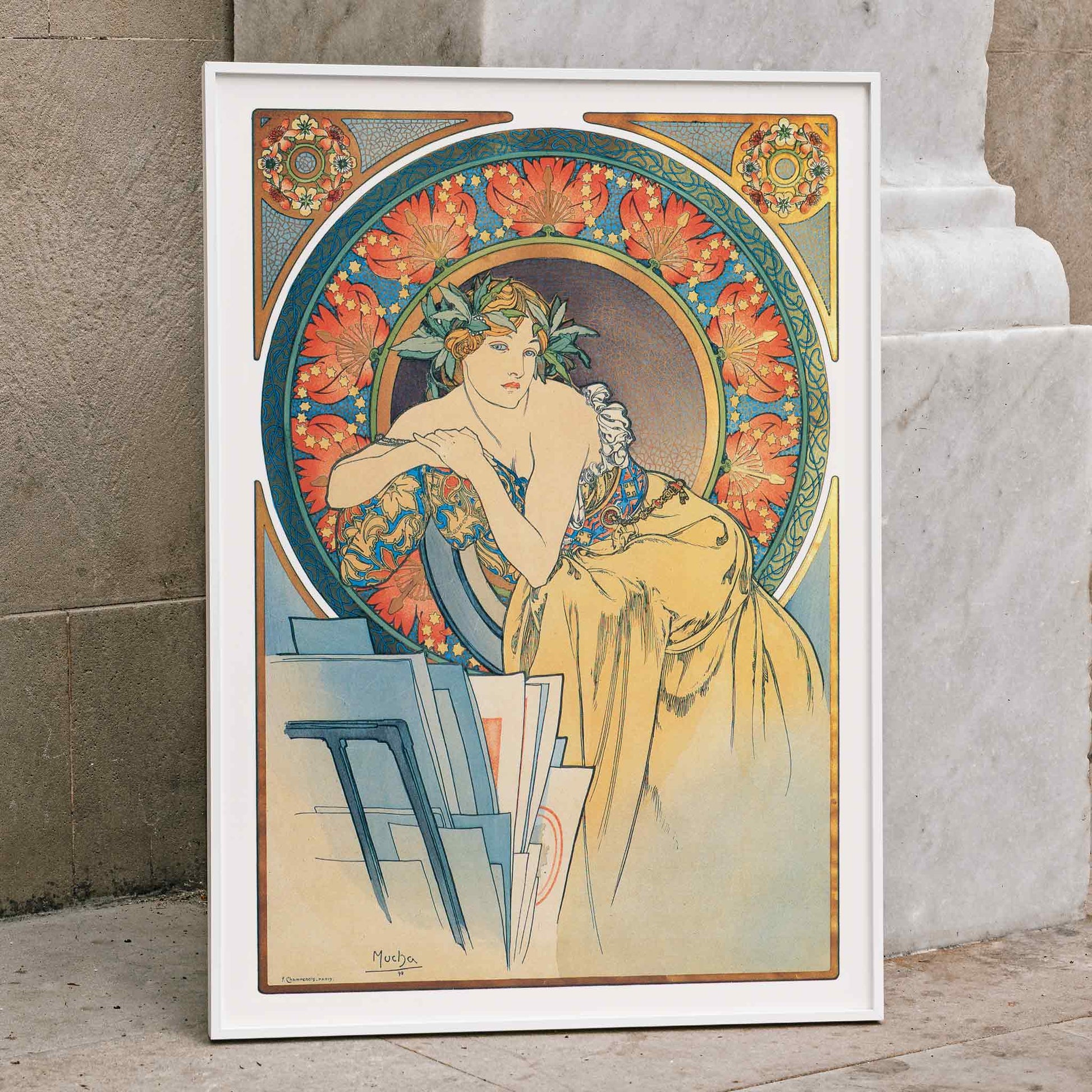 Art Nouveau woman with poppies by Alphonse Mucha vintage illustration poster, framed and displayed in home decor