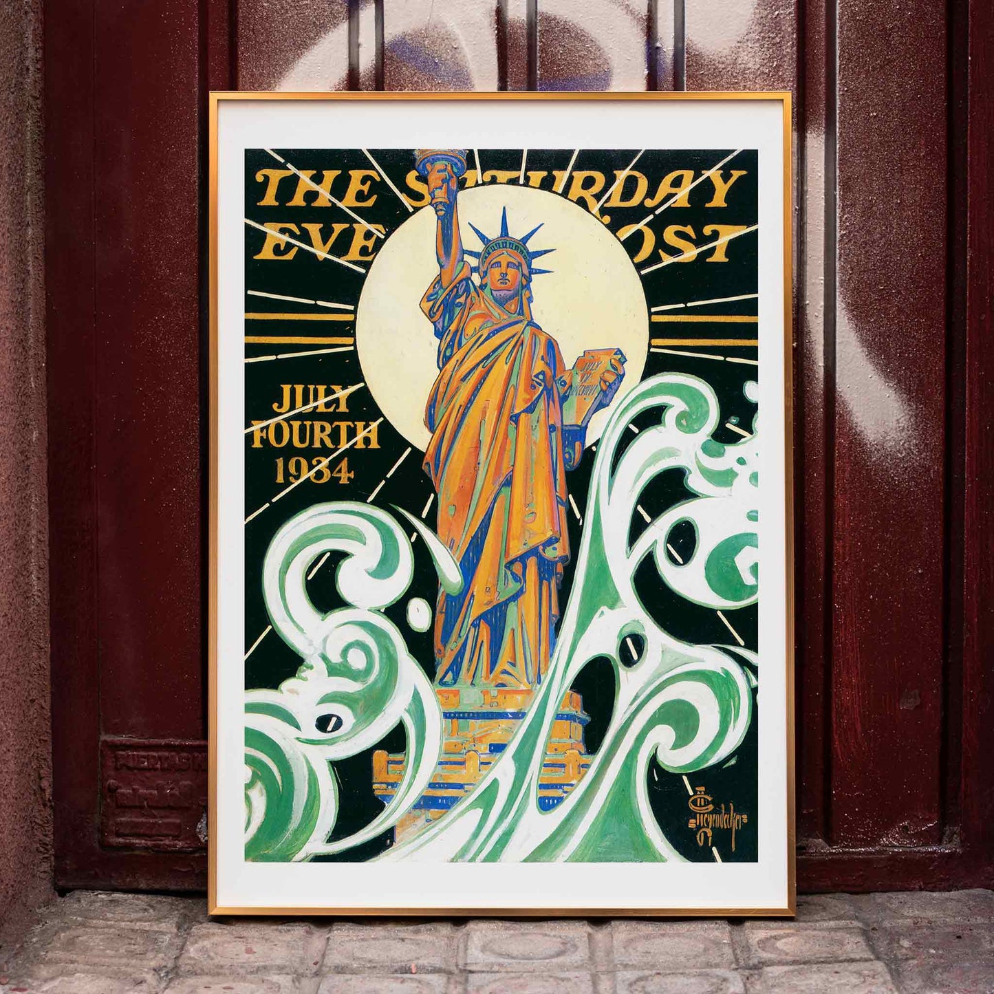 Colorful Statue of Liberty artwork with bold waves and sunburst by J C Leyendecker poster titled Statue of Liberty, framed and displayed in home decor