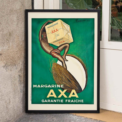 Margarine Axa poster by Leonetto Cappiello showing a person holding a large cube of margarine on a green background vintage advertisement, framed and displayed in home decor