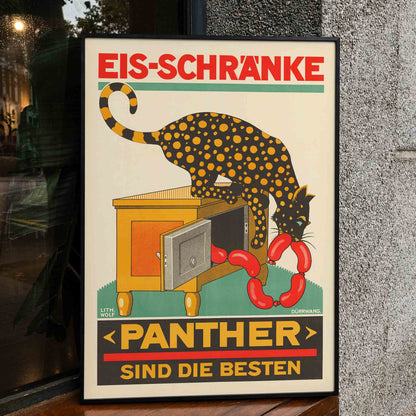 Panther Sind die Besten Swiss poster with panther eating sausages from icebox lithograph by Lith Wolf, framed and displayed in home decor