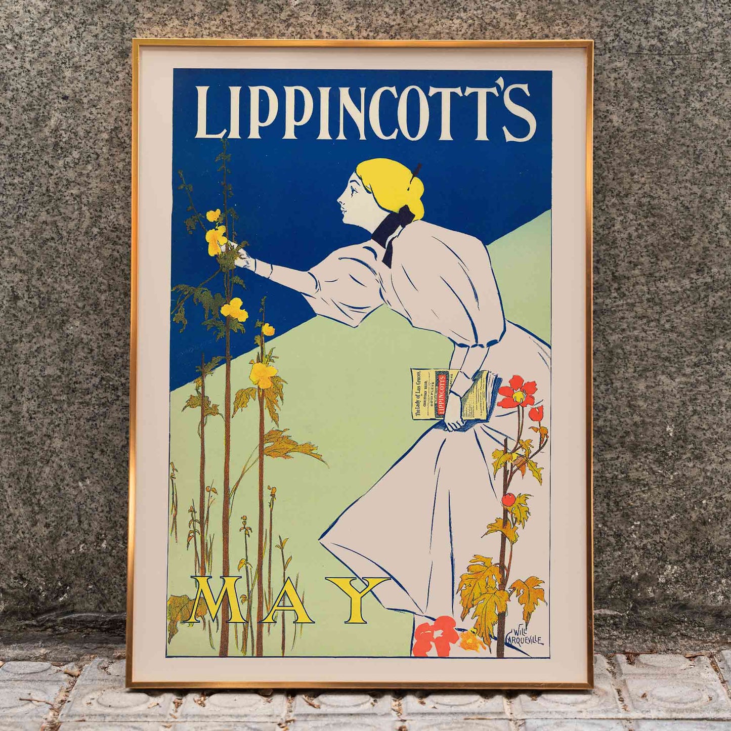 Woman in white dress picking flowers holding a book for Lippincotts May by William Carqueville illustration and poster, framed and displayed in home decor