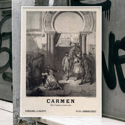 Promotional poster for Carmen by Georges Bizet published by Choudens featuring characters in a dramatic scene under an archway, framed and displayed in home decor
