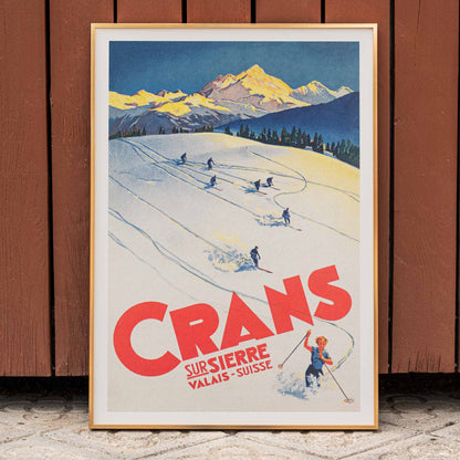 Crans sur Sierre Switzerland Ski Poster by Martin Peikert with skiers descending snowy mountain slopes and vibrant mountain backdrop, framed and displayed in home decor