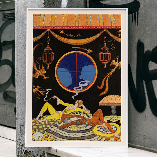 Elegant Art Deco interior with two figures lounging Falbalas et fanfreluches La paresse by George Barbier, framed and displayed in home decor