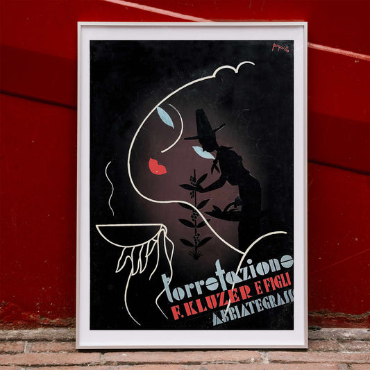 Abstract coffee-themed artwork and poster by Carlo Piquillo Pandolfi featuring stylized figures bold text coffee cup and face Torrefazione F Kluzer E Figli Abbiategrasso, framed and displayed in home decor