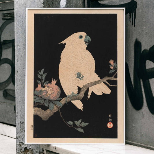 White cockatoo perched on a branch with pomegranate artwork by Ohara Koson poster, framed and displayed in home decor