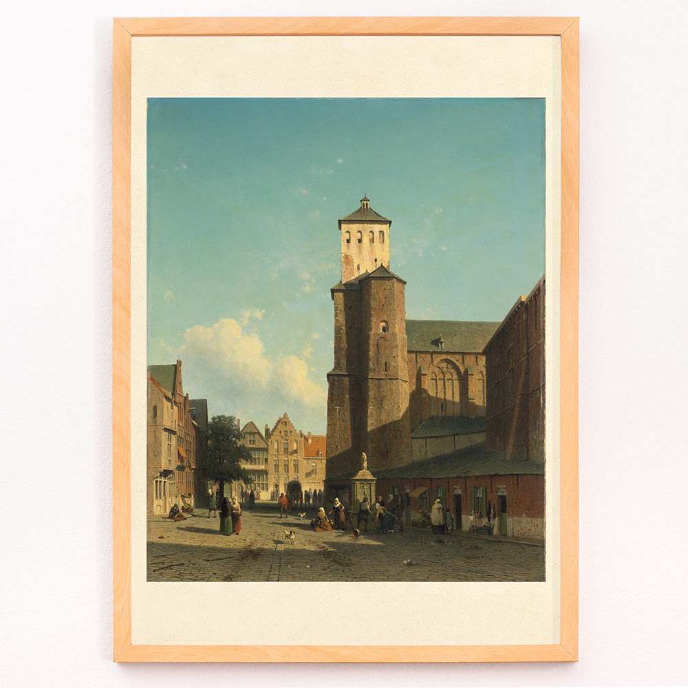 Closeup detail of St Denis Church in Liege painting by Jan Weissenbruch showing people in a sunlit city square poster artwork
