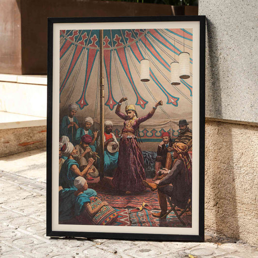Egyptian dancer performing in a tent with musicians and spectators poster artwork by Willem de Famars Testas, framed and displayed in home decor