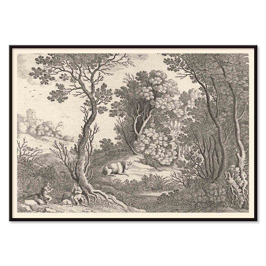Mercury playing the flute in a detailed forest landscape with trees animals and natural scenery by Willem van Nieulandt poster, with black aluminium frame on white background
