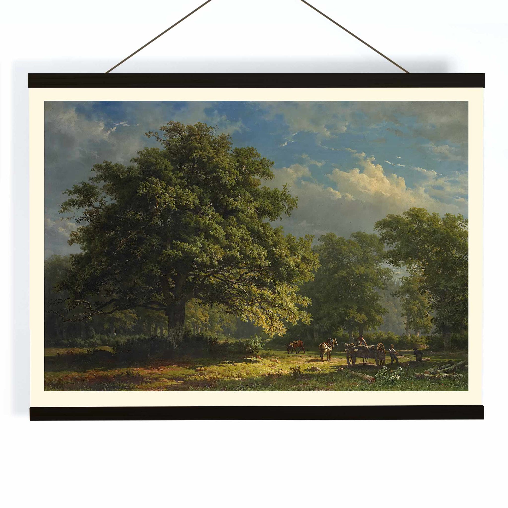 Pastoral landscape poster of The Bentheim Forest by George Andries Roth showing lush green forest large trees and people working with horses, with wooden magnetic frame on white background