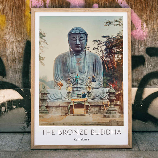 Bronze Buddha at Kamakura by Kazumasa Ogawa large outdoor statue with trees and altar in background, framed and displayed in home decor