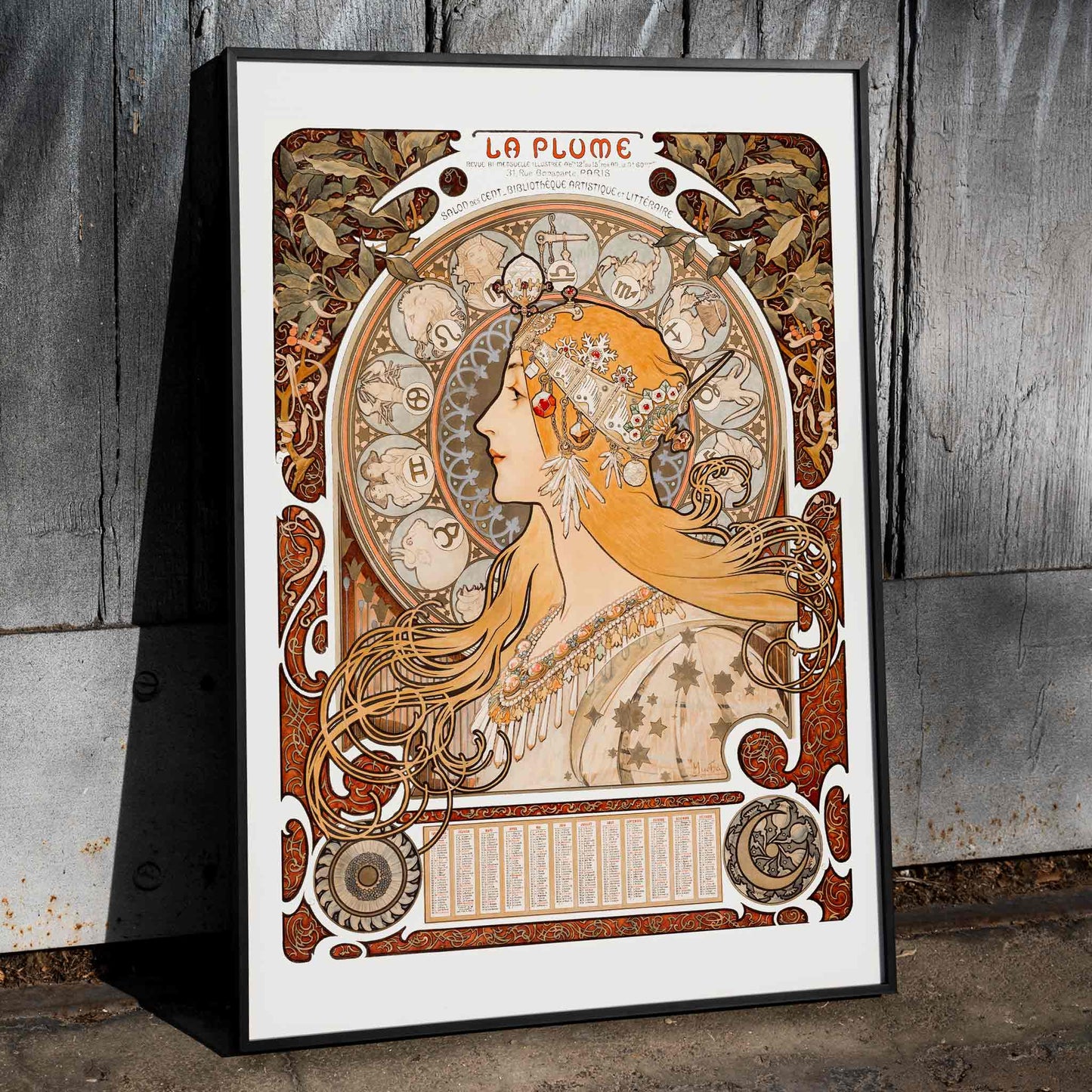 Art Nouveau poster Zodiaque or La Plume by Alphonse Maria Mucha featuring a woman with long hair and zodiac symbols, framed and displayed in home decor