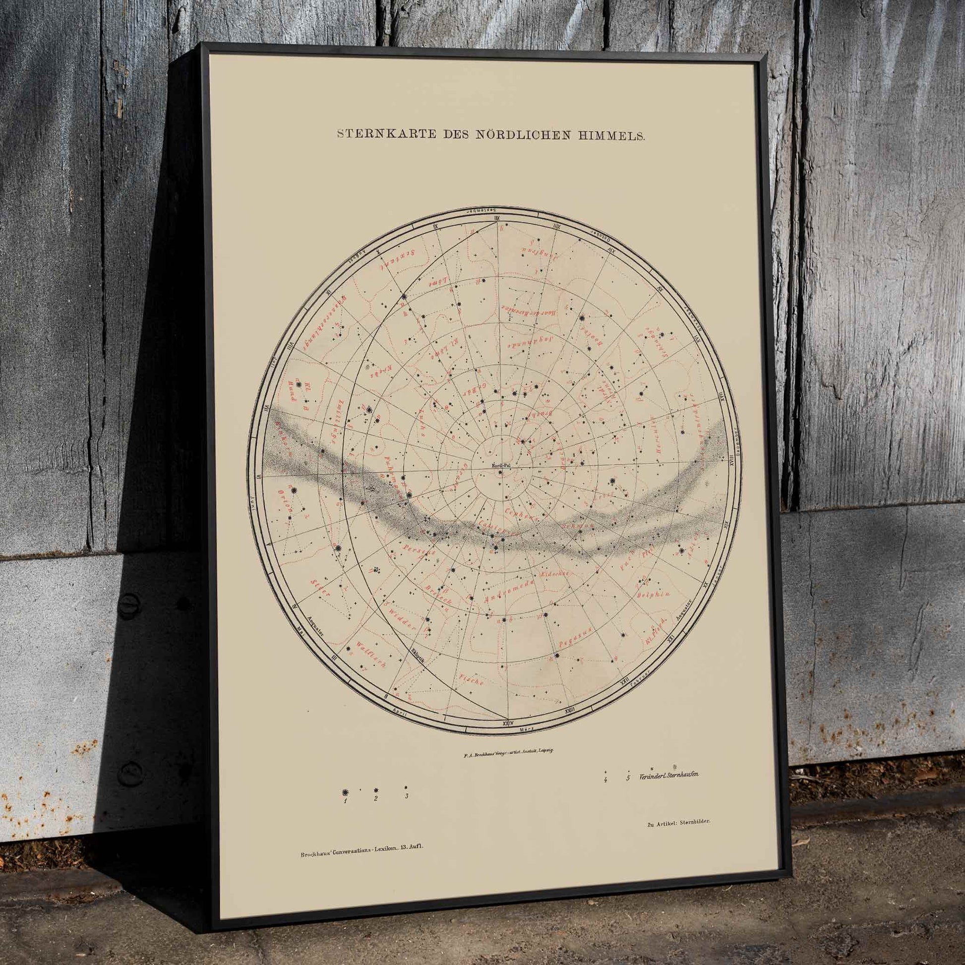 Vintage astronomy poster featuring a detailed map of northern sky stars titled Nothern Sky Star Poster by The Institute of Liepzig perfect for wall decor, framed and displayed in home decor
