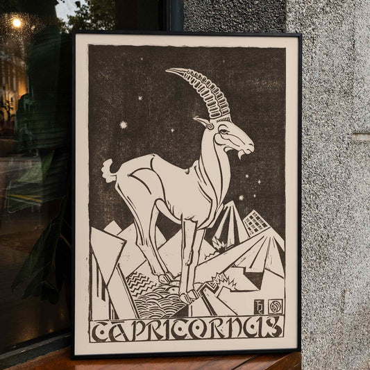 Capricorn zodiac sign illustration and poster featuring a stylized goat under stars in an abstract landscape artwork titled Capricornus by Henri van der Stok, framed and displayed in home decor