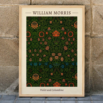 Floral pattern artwork poster titled Violet and Columbine by William Morris featuring intricate botanical designs with vivid green and orange tones, framed and displayed in home decor
