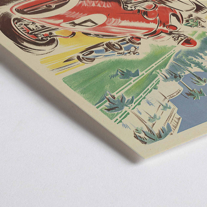 Closeup detail of Georges Hamel Grand Prix de Pau poster with red racing car on a sunlit circuit near green hills and mountain castle