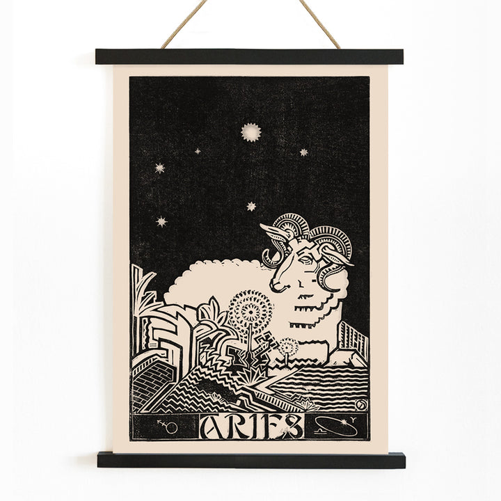 Aries constellation and artistic ram illustration by Henri van der Stok with stylized landscape and stars Zodiac signs Aries poster, with wooden magnetic frame on white background
