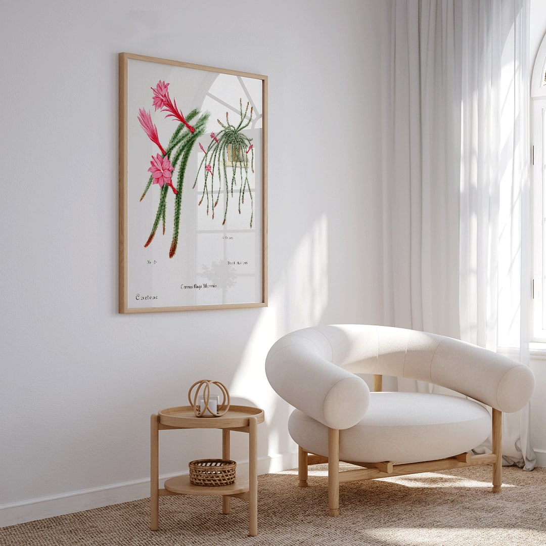 Closeup detail of Rattail Cactus artwork and poster by Famille Der Cacteen featuring detailed illustrations of blooming red and pink flowers on cactus stems in a pot