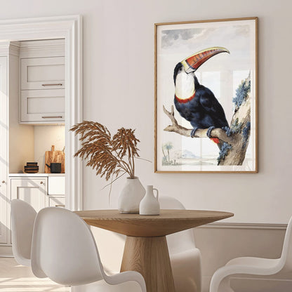 Red-billed Toucan perched on a branch in a landscape painting by Aert Schouman poster artwork, framed and displayed in home decor