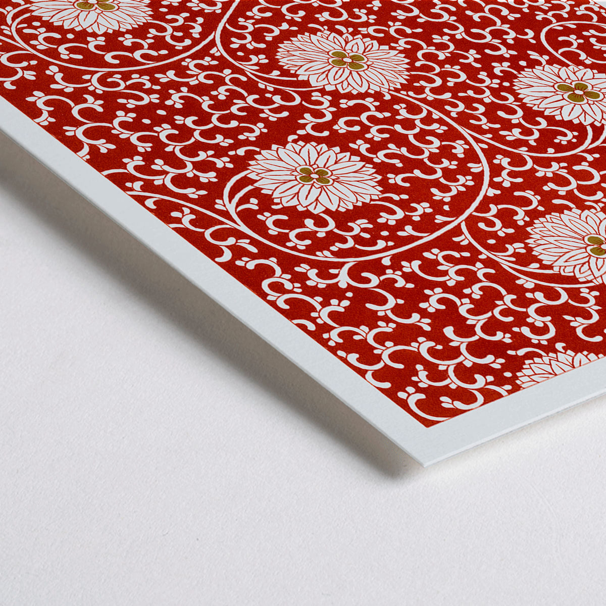 Closeup detail of Red floral pattern artwork by Owen Jones from Chinese Ornament featuring intricate white flowers and swirling vines poster