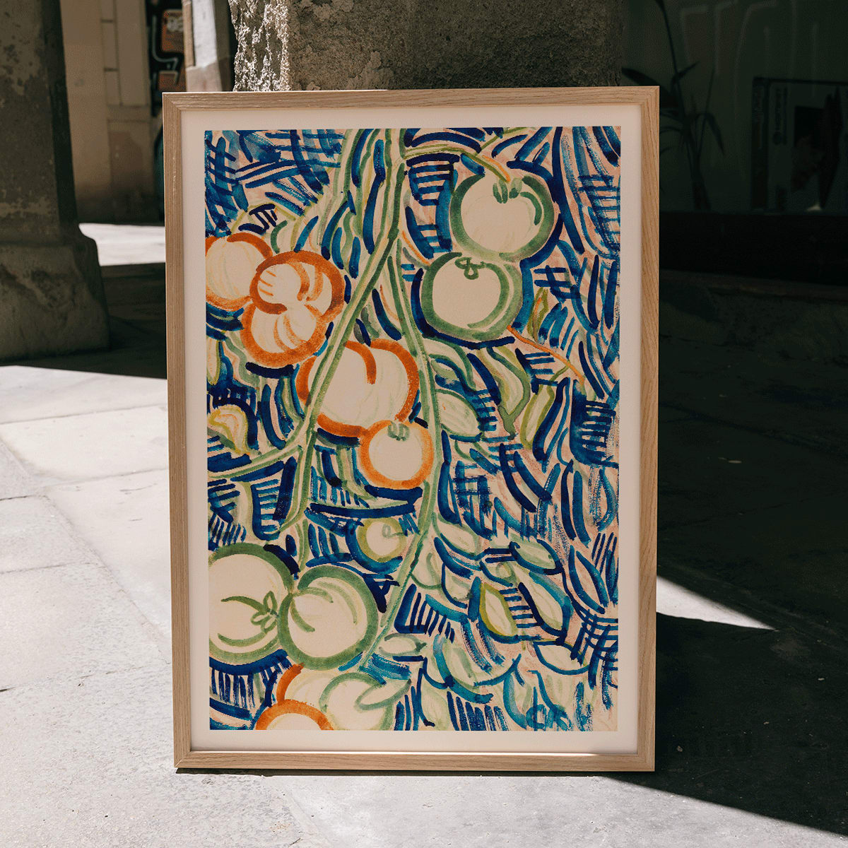 Drooping branch with red and green tomatoes by Christian Rohlfs vibrant abstract artwork poster, framed and displayed in modern living room decor