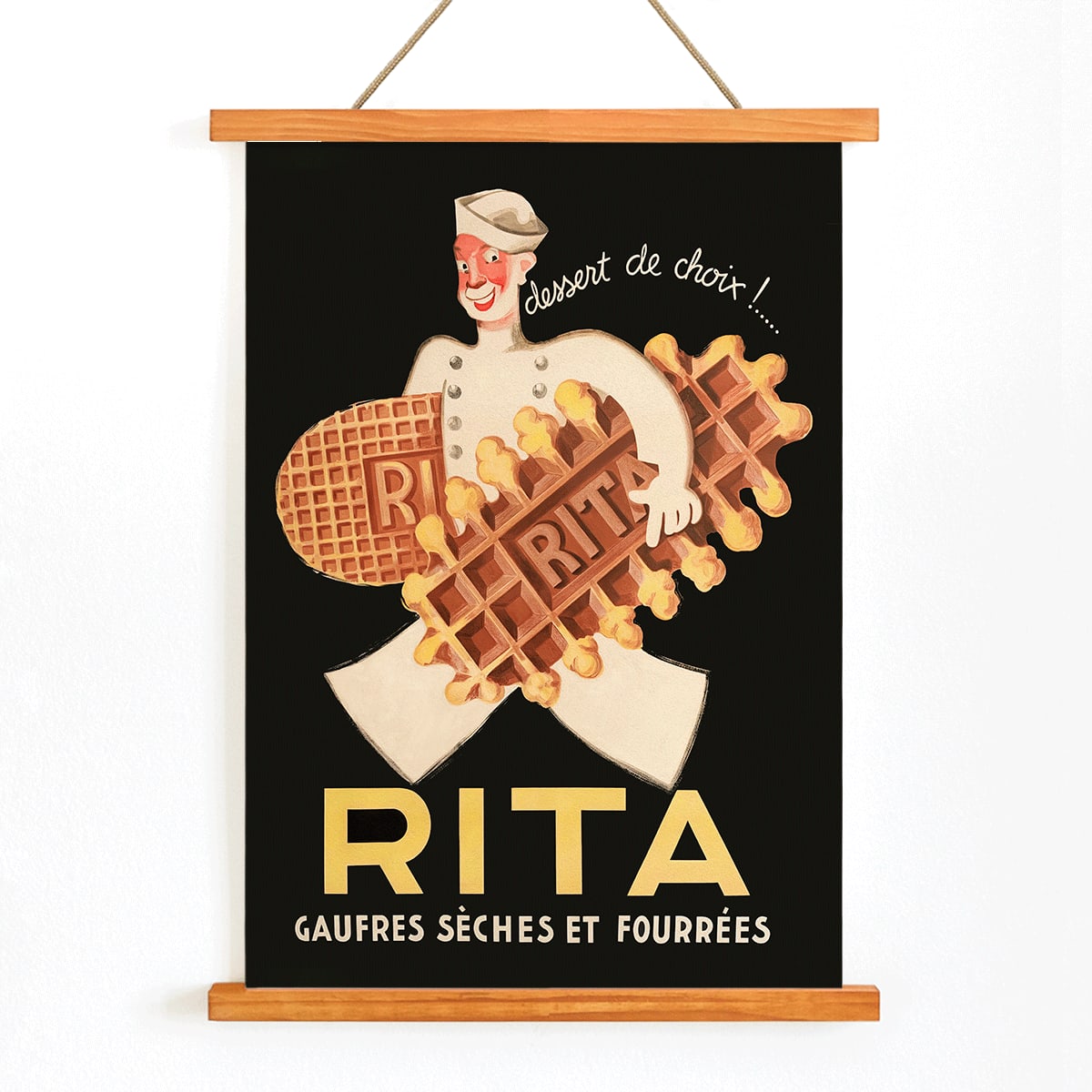 Chef holding waffles with dessert de choix by Leon Dupin titled Rita Gaufres on a vintage style poster promoting desserts, with wooden magnetic frame on white background