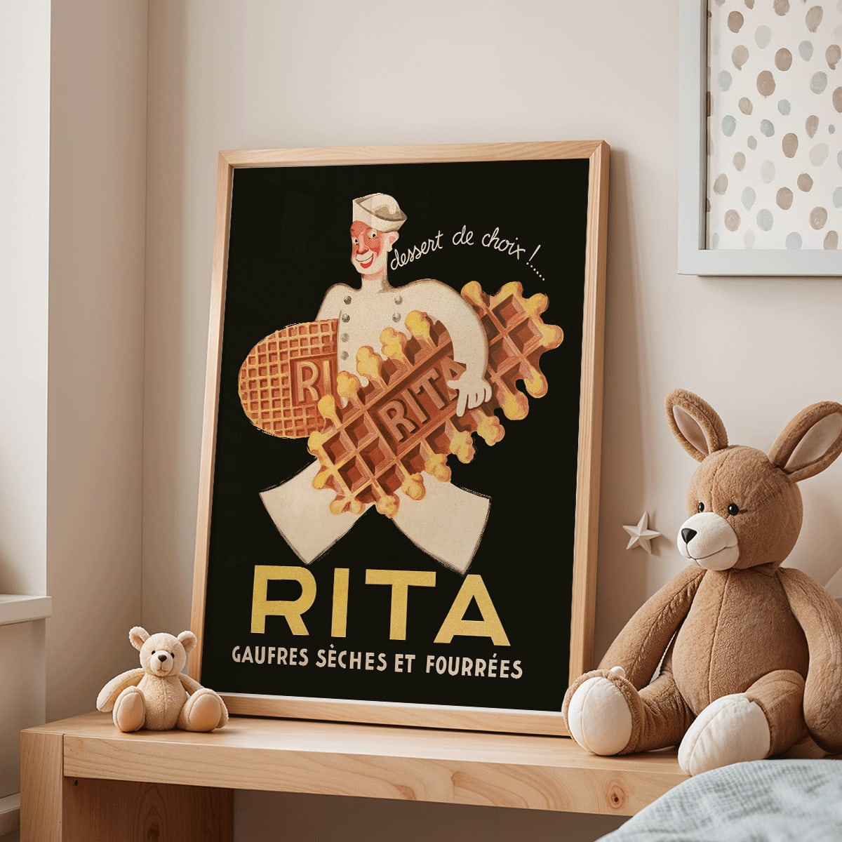 Chef holding waffles with dessert de choix by Leon Dupin titled Rita Gaufres on a vintage style poster promoting desserts, framed and displayed in home decor