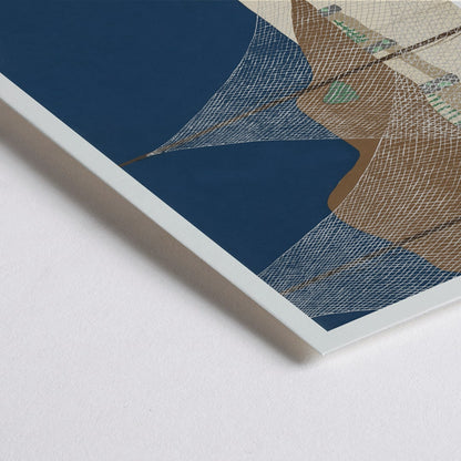 Closeup detail of Ryoson by Kamisaka Sekka coastal scene with fishing nets mountains net-covered structures blue sky and landscape